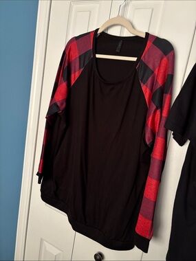 Black Crew Neck Sweater with Red Plaid Sleeves